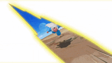 a cartoon of a man flying through the air with a blue sky in the background