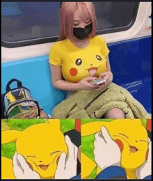 a woman wearing a pikachu t-shirt is sitting on a bus .