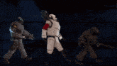 a group of soldiers are standing in the snow holding guns