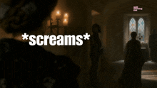 a woman screams in front of a candle lit room