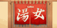 a red sign that says ladies hangs on a wooden wall