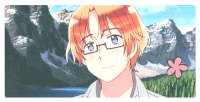 a cartoon character with glasses and a flower in front of mountains