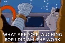 a cartoon character is sitting in the driver 's seat of a car with a fist in the air .