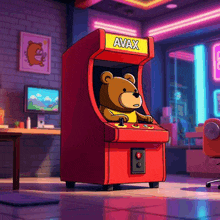 a teddy bear sits in an avax arcade game