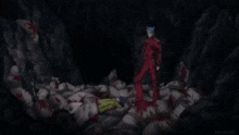 a person with purple hair and a yellow jacket is laying on a bed with blood on it .