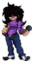 a cartoon character with a purple shirt and blue jeans is holding a microphone and giving a thumbs up