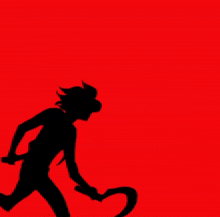 a silhouette of a man with horns fighting another man with a sword on a red background