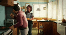 a man and a woman are standing in a kitchen