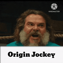 a man with a beard is screaming with the words origin jockey written below him