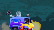 a cartoon character is driving a colorful van with a satellite dish on top