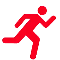 a red icon of a person running with a white background