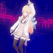 a girl in a white coat is dancing in front of a blue background