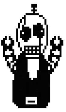 a black and white pixel art drawing of a skeleton with a beard and arms .