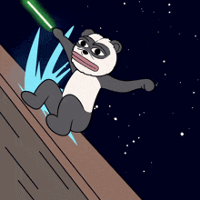 a cartoon panda bear is holding a green light saber
