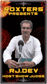 a poster for r.j.dev host show judge