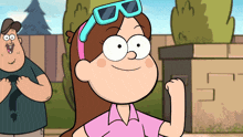 a cartoon character with sunglasses on her head stands in front of a man