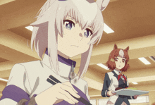 a girl with white hair is holding chopsticks