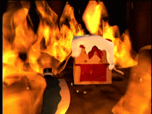 a cartoon of a house on fire with a knife in the foreground