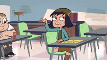 a cartoon of a girl sitting at a desk with a yellow piece of paper that says ' homework ' on it