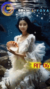 a woman in a white dress is underwater holding a seashell and the words rit 06 are above her