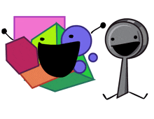 a cartoon character with a smiley face is standing next to a bunch of colorful geometric shapes