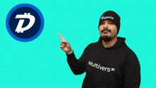 a man wearing a hoodie that says " multivers " on it