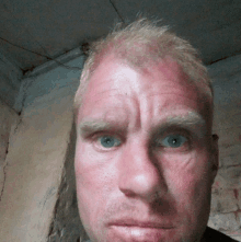 a close up of a man 's face with blue eyes and red hair