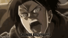 a close up of a person 's face with their mouth open and the words `` granox buz ! ''