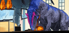 a cartoon drawing of a blue dinosaur eating a piece of meat