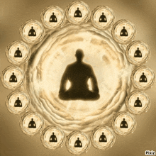 a silhouette of a person in a lotus position is surrounded by circles with pixiz written on the bottom right