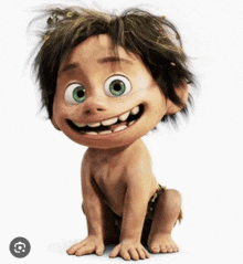a cartoon character from the movie the good dinosaur is smiling while sitting down .
