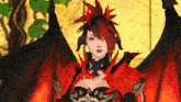 a woman with red hair and horns is wearing a black and red costume