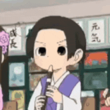 a cartoon character is playing a flute in a classroom while a girl looks on .