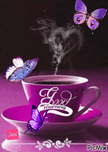 a cup of coffee that says good morning with butterflies around it