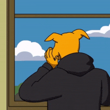 a cartoon character looking out a window with a dog behind his head