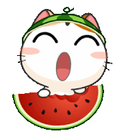 a cartoon cat is wearing a watermelon hat