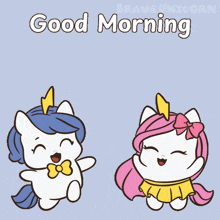 two unicorns are standing next to each other with the words " good morning " above them