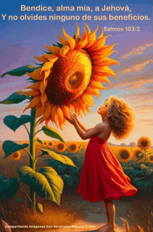 a painting of a little girl touching a sunflower with a quote from salmos 103