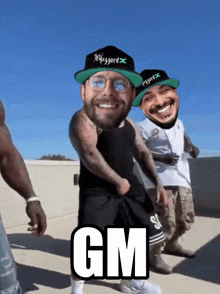 a man with a hat that says gm is dancing with two other men