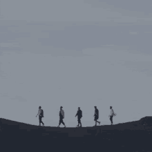 a group of people are walking on top of a sand dune .