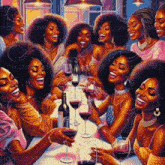 a painting of a group of women sitting at a table with wine glasses