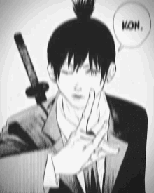 a black and white drawing of a man holding a sword with a speech bubble that says kon .