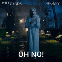 a woman in a white dress with the words oh no