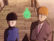 two anime characters standing next to each other with a green ghost behind them