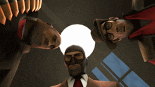 a group of men looking up at a light
