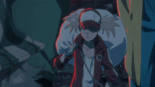 a person wearing a red jacket with chinese characters on the back