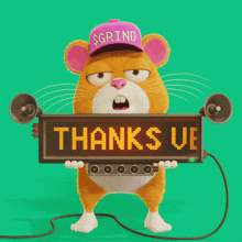 a hamster wearing a pink hat that says grind holds a sign that says very much