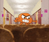 a cartoon character is standing in a hallway with a bunch of chairs