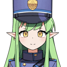 a drawing of a girl with green hair wearing a police uniform