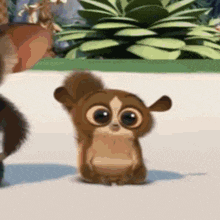 a cartoon squirrel with big eyes is standing on the ground .